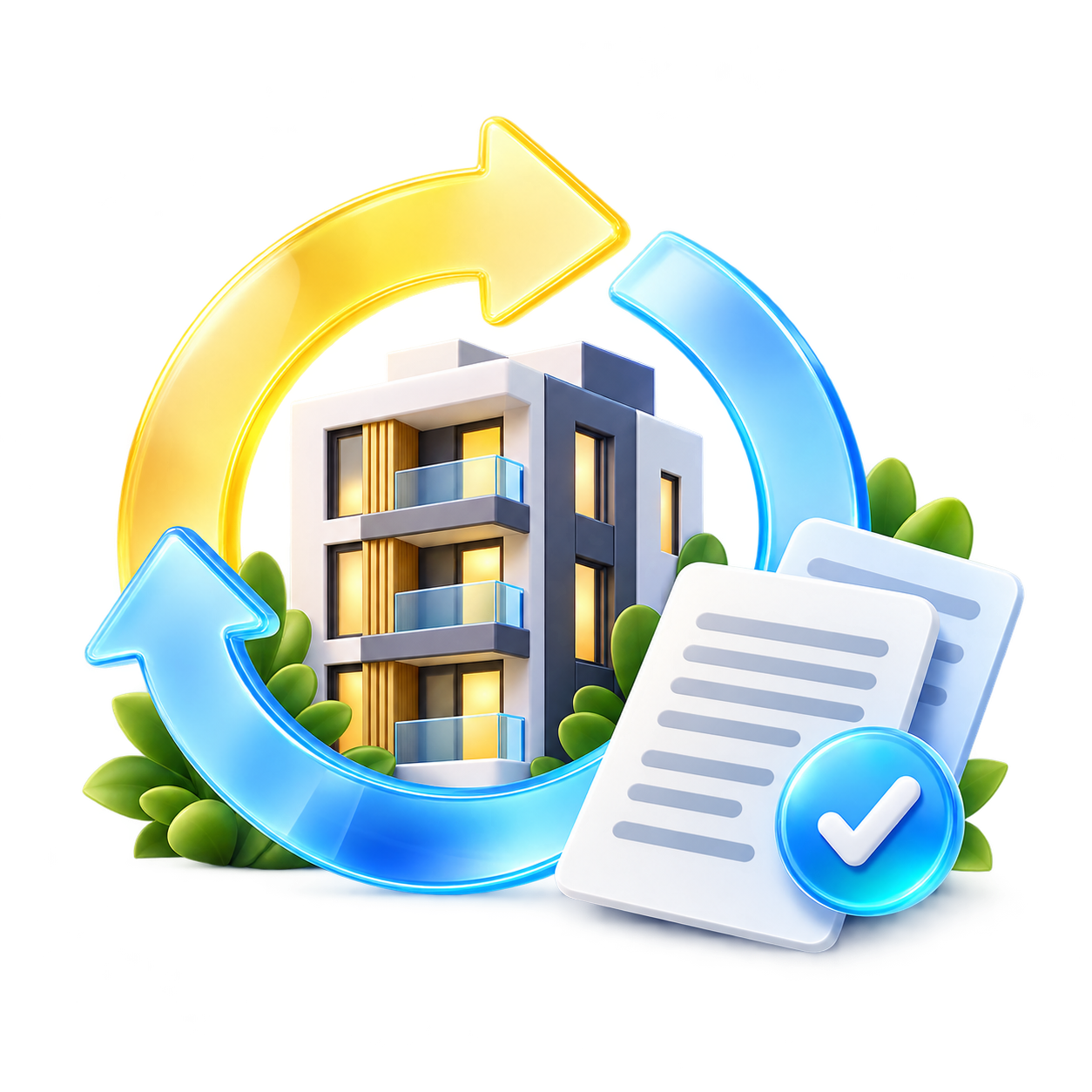 Декоративная сцена обновления условий ипотеки: дом, refinance-loop и документы